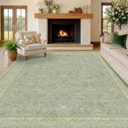 Large 8x10 Bedroom Area Rug, Washable Living Room Rugs, Floral and Botanical Shabby Chic Décor, Non Slip & Low Pile Soft Carpet (Sage Green) - Image 3