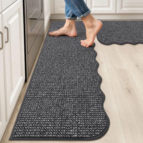 BEQHAUSE Kitchen Rugs Set of 2 Scalloped Edge, 17x30+17x60 in, Charcoal by BEQHAUSE