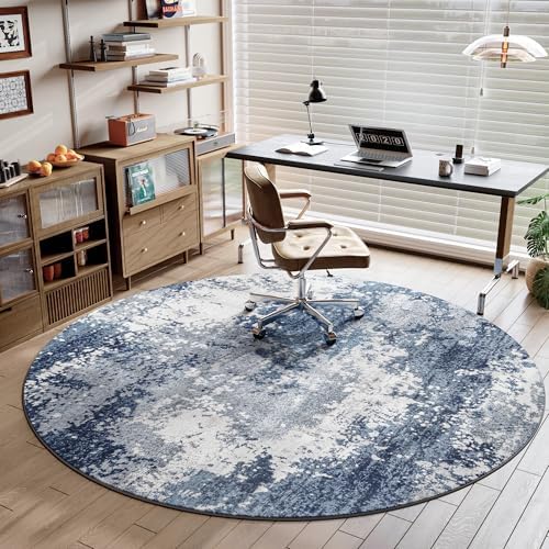 Blue Round Rugs 6ft Washable Circle Area Rug for Entryway Kitchen, Non Slip Soft Low Pile Stain Resistant, Boho Circular Carpet for Living Room Bedroom Dorm Dining Room Table, Abstract Navy - Image 3