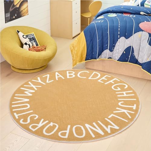 Topotdor Round ABC Area Rug,63 Inch Soft Floor Carpet,Brown - Image 2