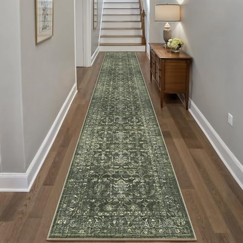 2x12 Washable Kitchen Runner Rug Soft Vintage Dark Green Throw Carpet - Image 4