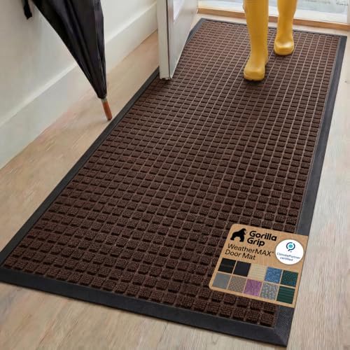 GORILLA GRIP WeatherMAX Door Mat, Indoor Outdoor, 72x24, Dark Brown Squares by GorillaGrip