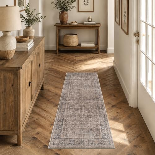 Washable 2x5 Kitchen Non-Slip Runner Rug Boho Taupe Navy Throw Carpet by HOME