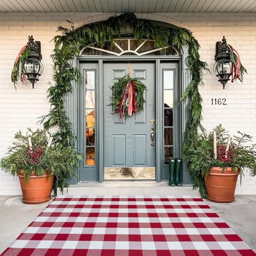 Buffalo Plaid Outdoor Rug, 4' x 6' Red&White Christmas Check Indoor/Outdoor Area Rug, Layering Rug for Hello/Welcome Door Mat, Machine Washable Cotton Woven Rug for Farmhouse Front Porch, Entryway - Image 2