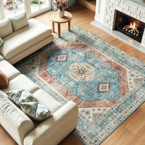 Lofus Living Room Rugs 5x7, Boho Terracotta and Blue Washable Carpet - Image 2