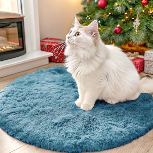 OLANLY Slate Blue Round Rugs for Bedroom - Machine Washable, 2 ft Circle Area Rugs for Living Room, Soft and Fluffy Shaggy Carpet for Teen Girl and Boys, Nursery Rooms, Dorms, Home Decor Aesthetic by OLANLY