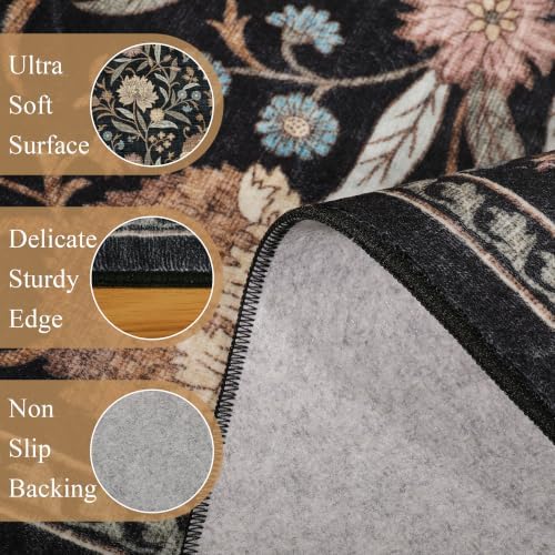 DUKINO 2x8 Runner Rug, Washable Vintage Floral Kitchen Rugs, Black - Image 6