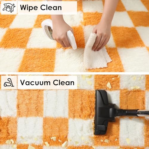 KICMOR 8x10 Area Rugs for Living Room, Large Soft Fluffy Checkered Big Fuzzy Shag Shaggy Carpet for Bedroom, Orange and Cream White Plush Rug for Kids Boys Girls Dorm Nursery Home Decor Aesthetic - Image 4
