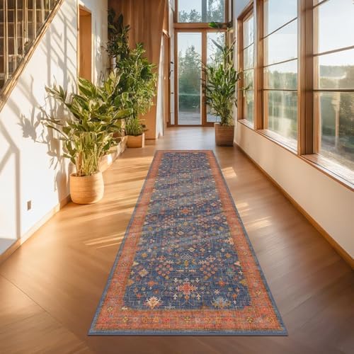 Washable 8 ft Long Runner for Kitchen Floor - Navy Blue Hallway Runner Rug, Pet Friendly Waterproof Non Slip with Rubber Backing, Stain Resistant Laundry Room Rug (2'6"x8' Navy Blue & Terracotta) - Image 3