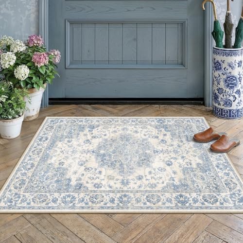 PureCozy Blue Area Rug 2x3 Entryway Vintage Floral Non-Slip Door Mat - Image 2