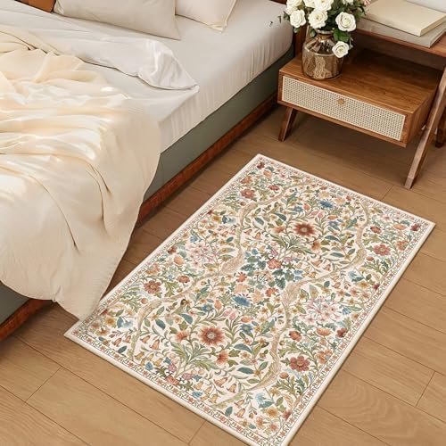 Floral 2x3 Entryway Rug Washable Doormat Indoor Throw Rug, Beige - Image 2