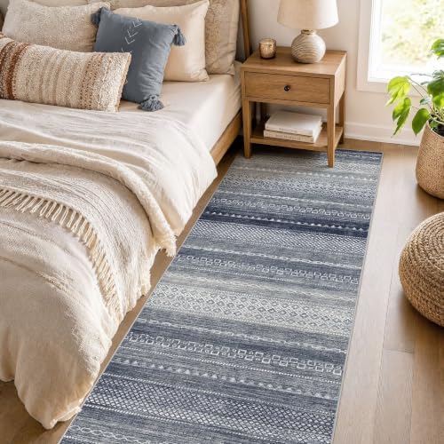 Nakagishi Area Rug Living Room Rugs: 3X8 Machine Washable Boho Large Neutral Farmhouse Stain Resistant Moroccan Indoor Floor Carpet for Bedroom Nursery Dorm Dining Room Home-Denim Blue - Image 2