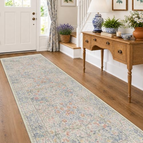 Vintage Beige Blue 3x10 Runner Rug for Hallway, Kitchen, Bathroom, Entryway Indoor, Washable Non Slip Rubber Backing Stain Resistant - Botanical Home Decor by HazoHaus