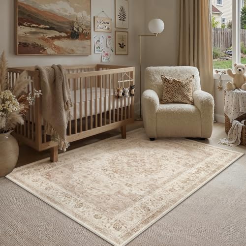 3x5 Beige Washable Area Rug Non Slip Vintage Carpet by WondRg