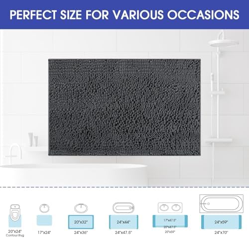 ACCUMTEK Striped Grey Bathroom Rug Mat 32"x20" Ultra Soft, Non Slip Chenille Bath Rugs, Absorbent Plush Shaggy Bath Mats for Bathroom, Bedroom, Kitchen, Shower, Tub,Deep Grey - Image 2