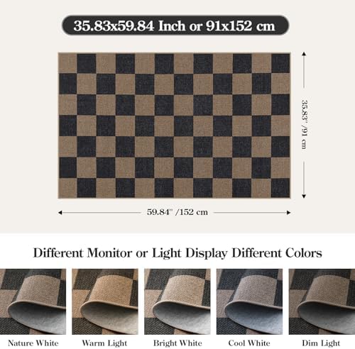 Lahome Checkered Easy Jute 3x5 Outdoor Rug, Washable Rugs for Entryway - Image 2