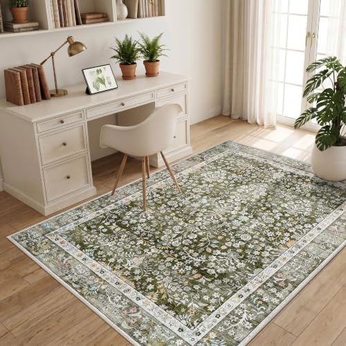 Vintage 5x7 Area Rugs Washable: Sage Green Botanical Rug for Living Room by HILORUUG
