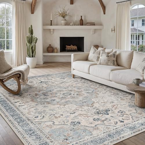 PureCozy Blue Area Rug 10x12 Living Room Vintage Floral Non-Slip Carpet by PureCozy