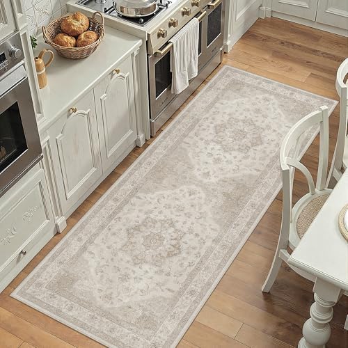 PureCozy Beige 2x5 Washable Runner Rug Vintage Oriental Medallion Carpet - Image 5