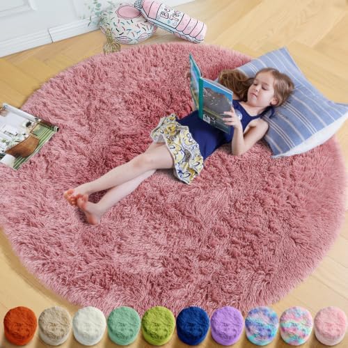 Amdrebio Blush Pink Small Round Furry Rug 3Ft for Kids Bedroom Girls Room by Amdrebio