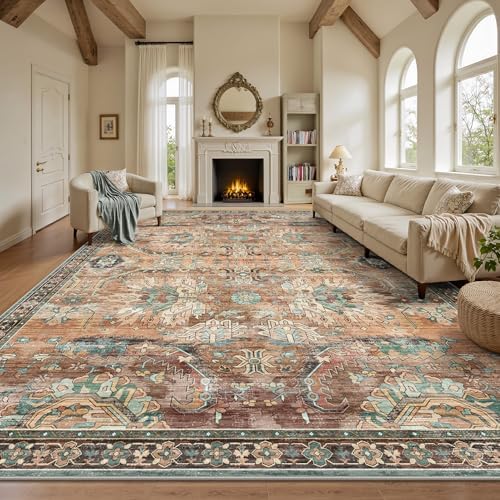 8x10 Area Rugs, Vintage Retro Soft Washable Rug, Non-Slip Low Pile Rugs for Living Room, Bedroom, Dining Room, Stain Resistant Home Decor Rug (Vintage Orange/Brick) by Yarooge