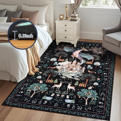 nesrt Washable Bedroom Area Rugs 4x6ft Non Slip, Black Dragon Animal Print Living Room Rugs Low Pile, Soft Castle Kids Nursery Floor Carpets for Dining Room Playroom Study Home Decor - Image 3