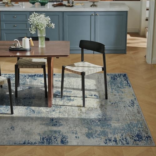 Lahome Modern Abstract Washable Area Rugs 5x7, Soft Living Room Rug Non Slip Stain Resistance, Faux Wool Floor Carpet for Bedroom Dining Room Nursery Kids Playroom,Blue/Grey - Image 3
