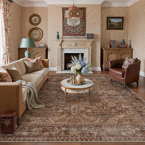 HUGEAR 8x10 Brick Red Vintage Floral Washable Area Rug for Living Room by HUGEAR