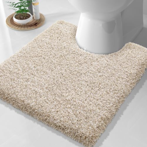 Yimobra Toilet Rugs U Shaped 24X20, Ultra Soft and Water Absorbent Bath Mats, Non Slip Fluffy Luxury Microfiber Contour Bath Rugs for Toilet, Dry Quick, Machine Washable, Light Beige and White by Yimobra