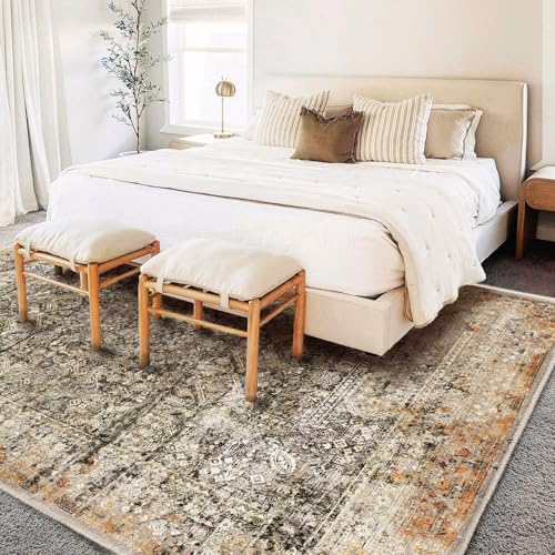 CHAMPLANT Area Rug 8'x10' Washable Vintage Traditional Mat Distressed Indoor Foldable Thin Retro Accent Floral Print Non Slip Carpet for Living Room Dining Room Office Large Carpet - Image 2