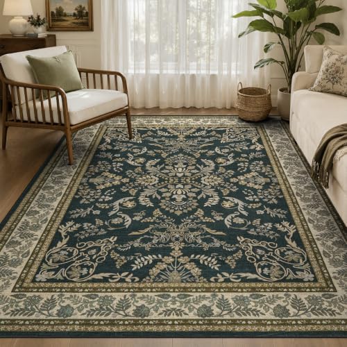 DCX 4x6 Area Rug Living Room: Washable Botanical Carpet Black and Beige by DCXWashableRug