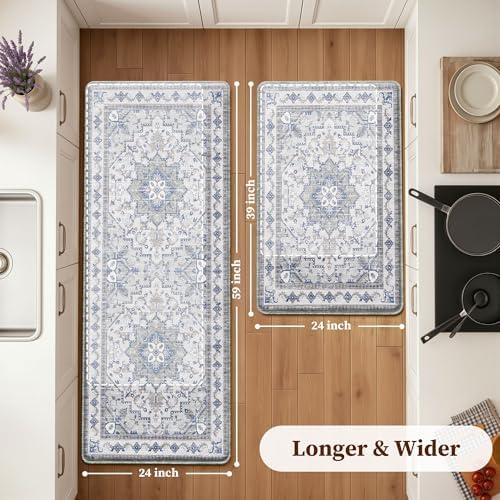 Boho Kitchen Mats for Floor 2PC Anti Fatigue Kitchen Rugs, Blue Grey - Image 2