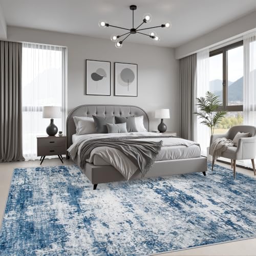 9x12 Area Rug Living Room Rug: Washable Modern Abstract Soft Thin Rug Indoor Floor No Slip Stain Resistant Carpet for Bedroom Dining Room Farmhouse Nursery Home Office - Blue - Image 3