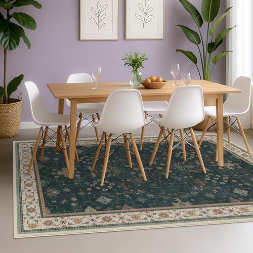 Hazo Haus Vintage Dark Green 6x8 Dining Room Rugs for Under Kitchen Table - Washable Livinig Room Rug - Unique Floral Pastel Low Pile Non-Slip Area Rugs for Bedroom - Image 3