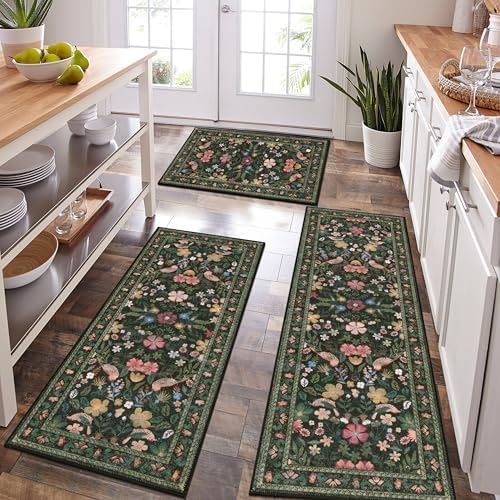HEBE Boho Kitchen Rugs Set of 3, Non Slip Washable Kitchen Mats for Floor by HEBE