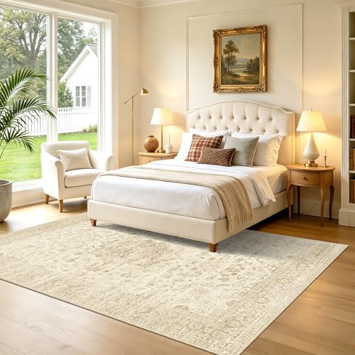 Beige Washable Rug 6x9, Non Slip Vintage Area Rug for Bedroom, Living Room - Image 3