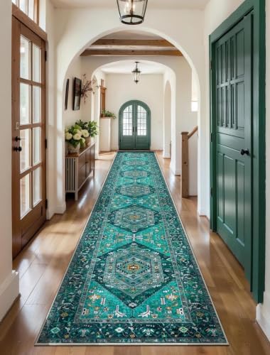 SERISSA 2'6"x16' Washable Non Slip Boho Runner Rug for Hallway，Teal - Image 2