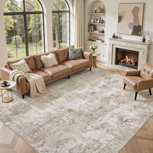 DMOYEST Area Rug Living Room Rugs - 10x12 Washable Large Soft Neutral Modern Low Pile Carpet for Bedroom Dining Room Farmhouse Home Office Indoor - Abstract Brown White by DMOYEST