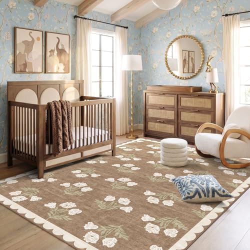 Boho Tan Living Room Rug 6x9 - Soft Washable Floral Neutral Farmhouse Scalloped Bedroom Area Rug Stain Resistant Dining Room Rugs for Under Table Non Slip Rugs for Bedroom Living Room Decor - Image 5