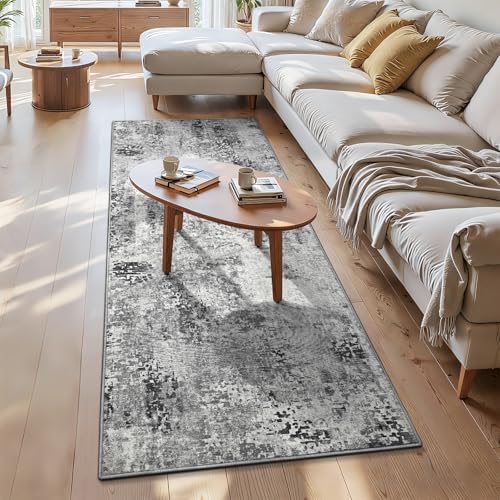 3x7 Grey Rug Runners for Hallways Kitchen Runner Rug Non Slip Washable Black Long Runner Rugs with Rubber Backing Soft Abstract Carpet Runner for Bedroom, Kitchen, Bathroom, Entryway by OmpaaHomeDecor