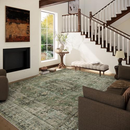 palohom 10x12 Area Rug Washable Rugs: Large Living Room Rug Stain Resistant Non Slip Distressed Vintage Low Pile Faux Wool Soft Green Rugs for Bedroom Farmhouse Dining Room Kids Playroom Nursery - Image 2