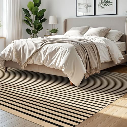 IOHOUZE 8x10 Striped Area Rug, Washable Indoor Outdoor, Tan Black - Image 3