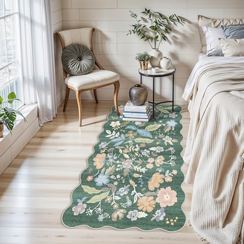 3x6 Washable Floral Runner Rug: Scalloped Carpet Runner for Hallway Green - Image 4
