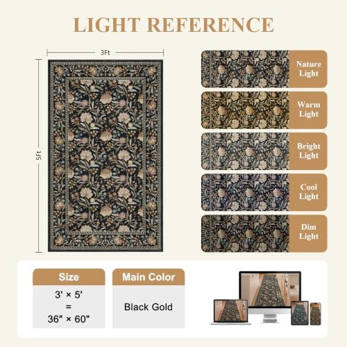 DUKINO 3x5 Rug, Washable Vintage Floral Bedroom Area Rug Non Slip, Black - Image 2