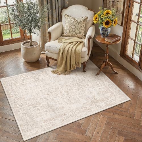 PureCozy Beige Small Area Rug 4x5 Vintage Floral by PureCozy