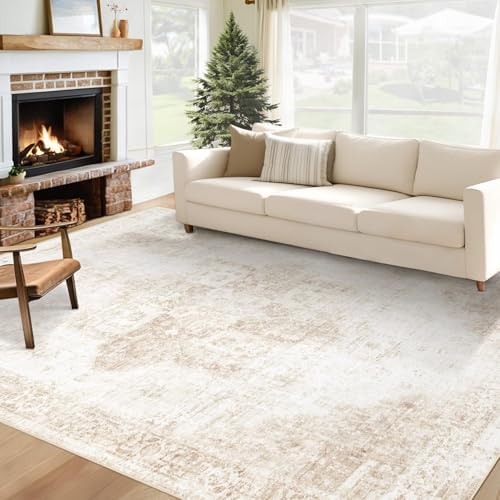 Area Rug 6x9 Washable Rug, Vintage Boho Medallion Rugs Non-Slip Soft Low Pile Large Distressed Rug Indoor Retro Carpet for Living Room Bedroom Dining Room Home Office (Beige, 6'x9') by VECARF