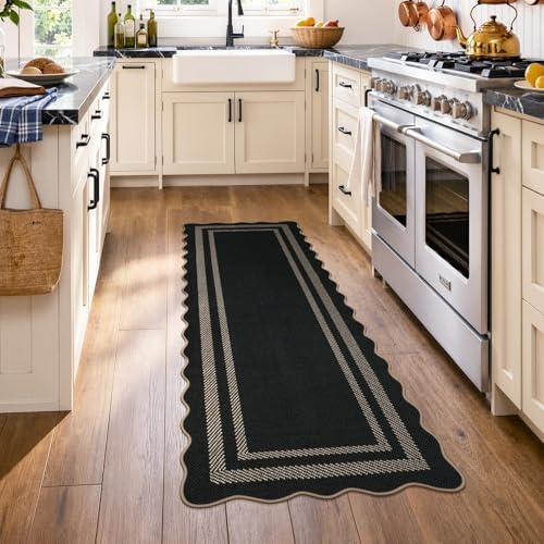 LIVEBOX Scalloped Easy Jute Kitchen Runner Rug, 2x6 Hallway Runner Black Rugs for Entryway, Indoor Outdoor Washable Non Slip Rug Farmhouse Modern Carpet Door Mat for Porch Bedroom Laundry 6ft Entry - Image 2