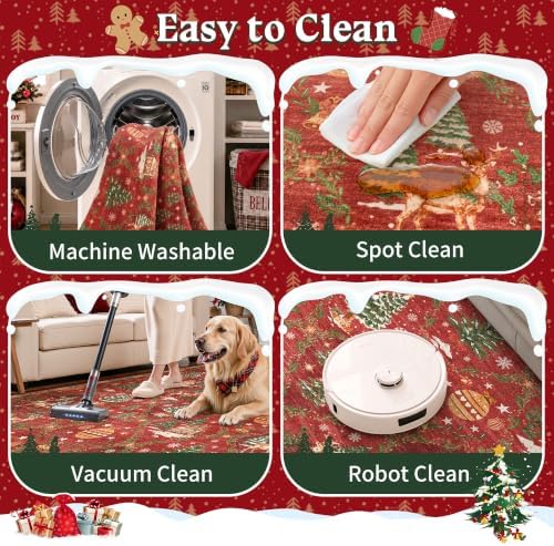 3x5 Christmas Non-Slip Area Rug, Red Washable Vintage Entryway Rug - Image 6