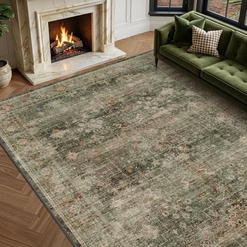 Boho 8x10 Moss Green Area Rugs for Living Room, Bedroom, Cottagecore Vintage Abstract Distressed Washable Rug for Dining Room, Stain Resistant Low Pile Non-Slip Ultra Soft, Moody Décor by Unknown