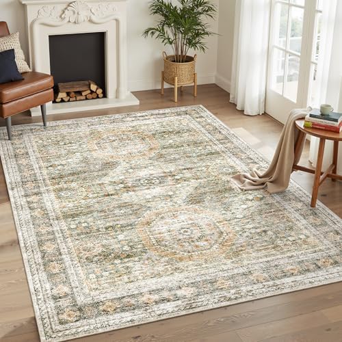 Soalmost 5x7 Area Rug Green/Orange Low Pile Washable Trendy Faded Style Rug - Image 2